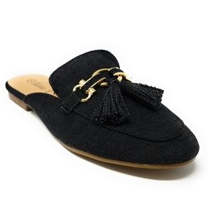 Women Denim Mules With Tassels, HK-7082, Black